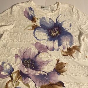 ALFRED DUNNER Floral Short Sleeved Cream Cotton Sweater Art to Wear Flowers L